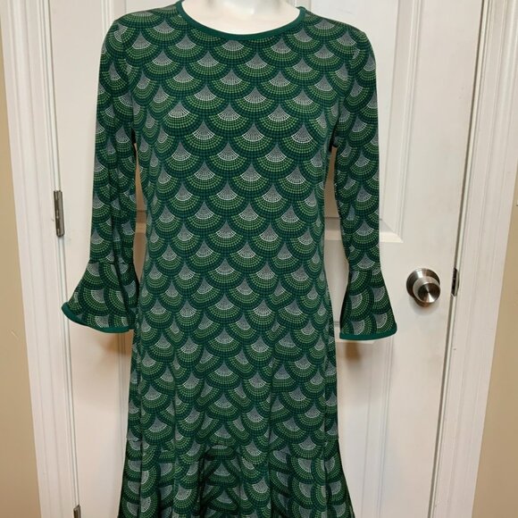 Michael Kors Green White Scallop Fan Print Flare Sleeve Mini Dress, Size PM - Picture 1 of 9